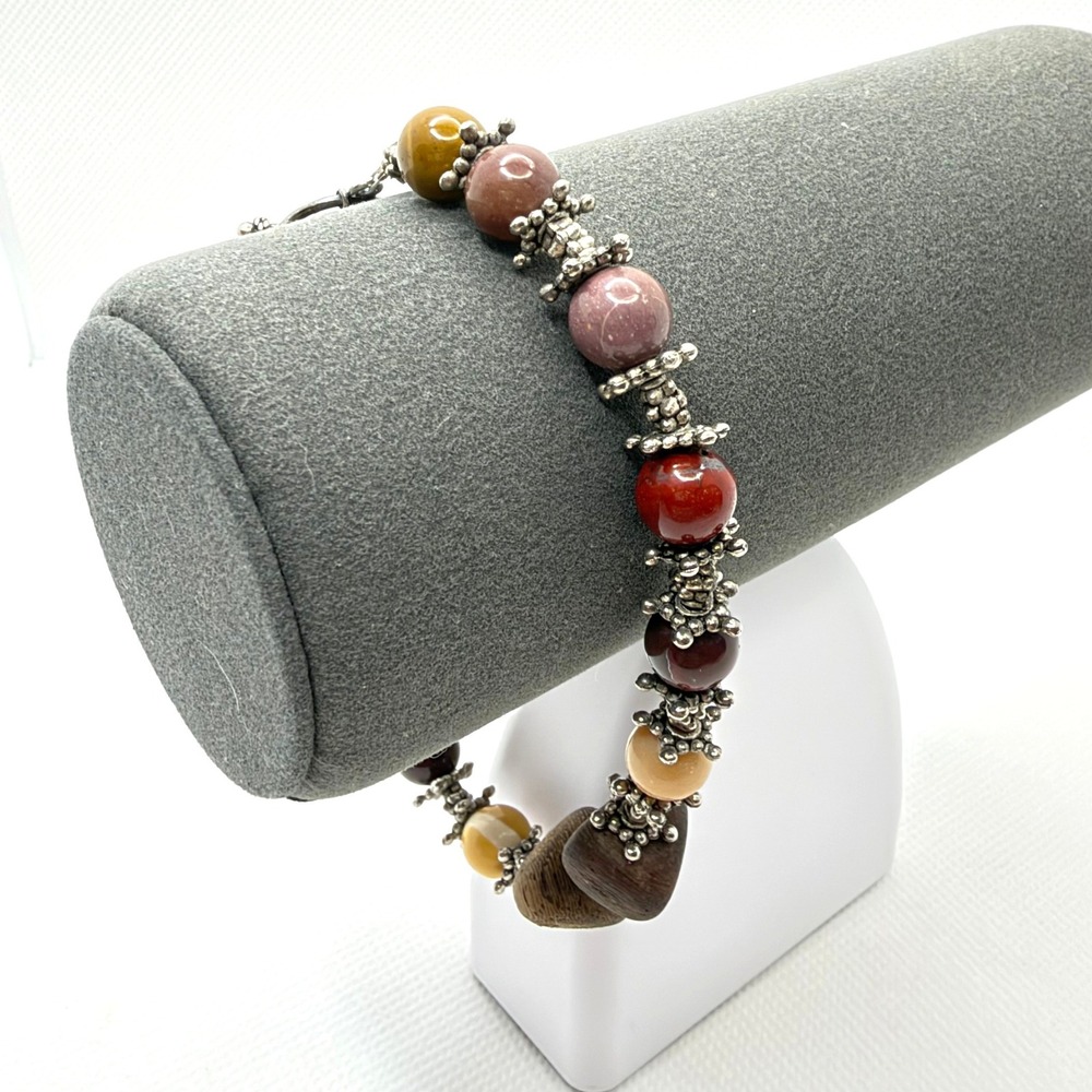 Handmade Silver Beaded Bracelet Stone Wood